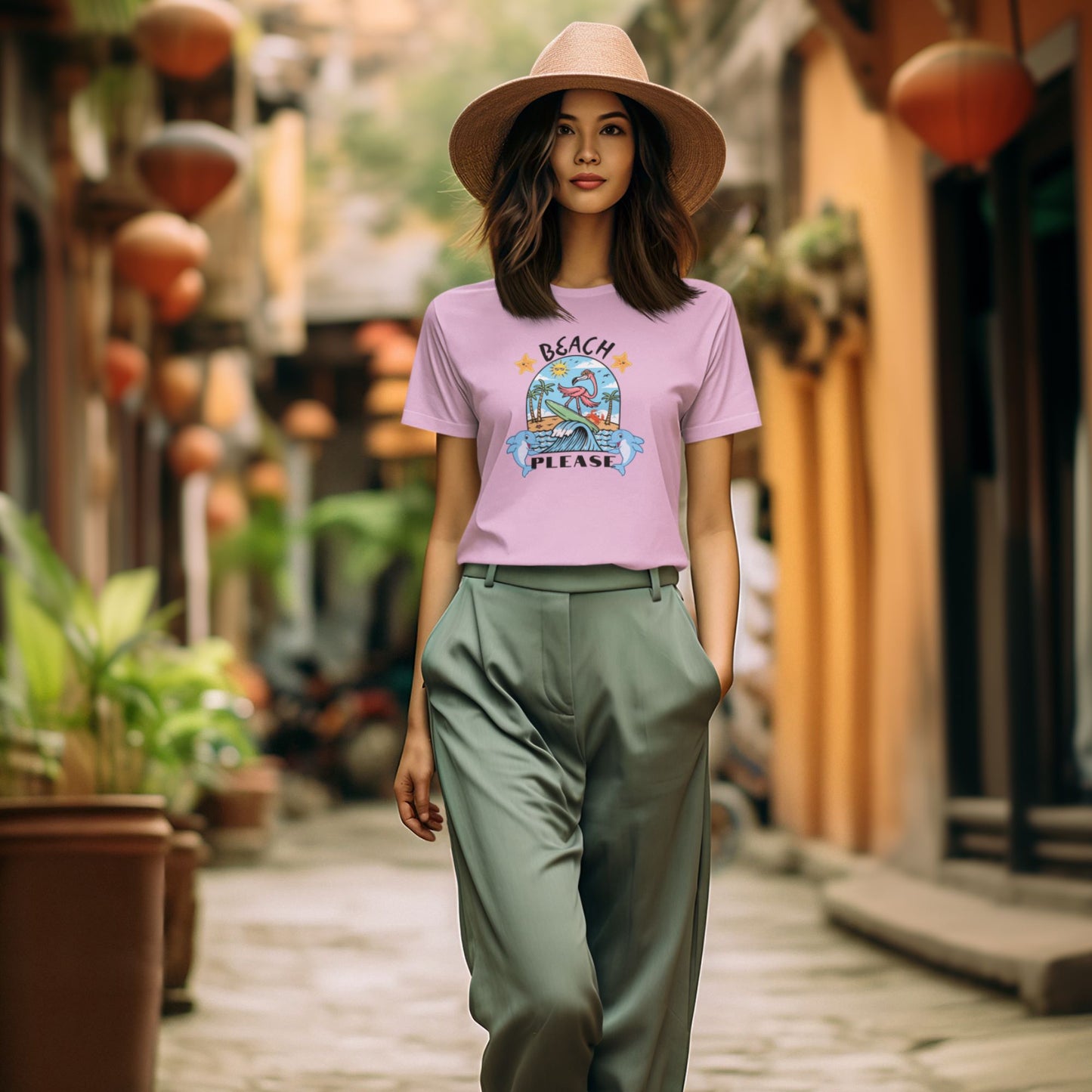 woman-walking-in-chinatown-new-york-wearing-a-sun-hat-and-prism-lilac-t-shirt-color-with-olive-green-pants