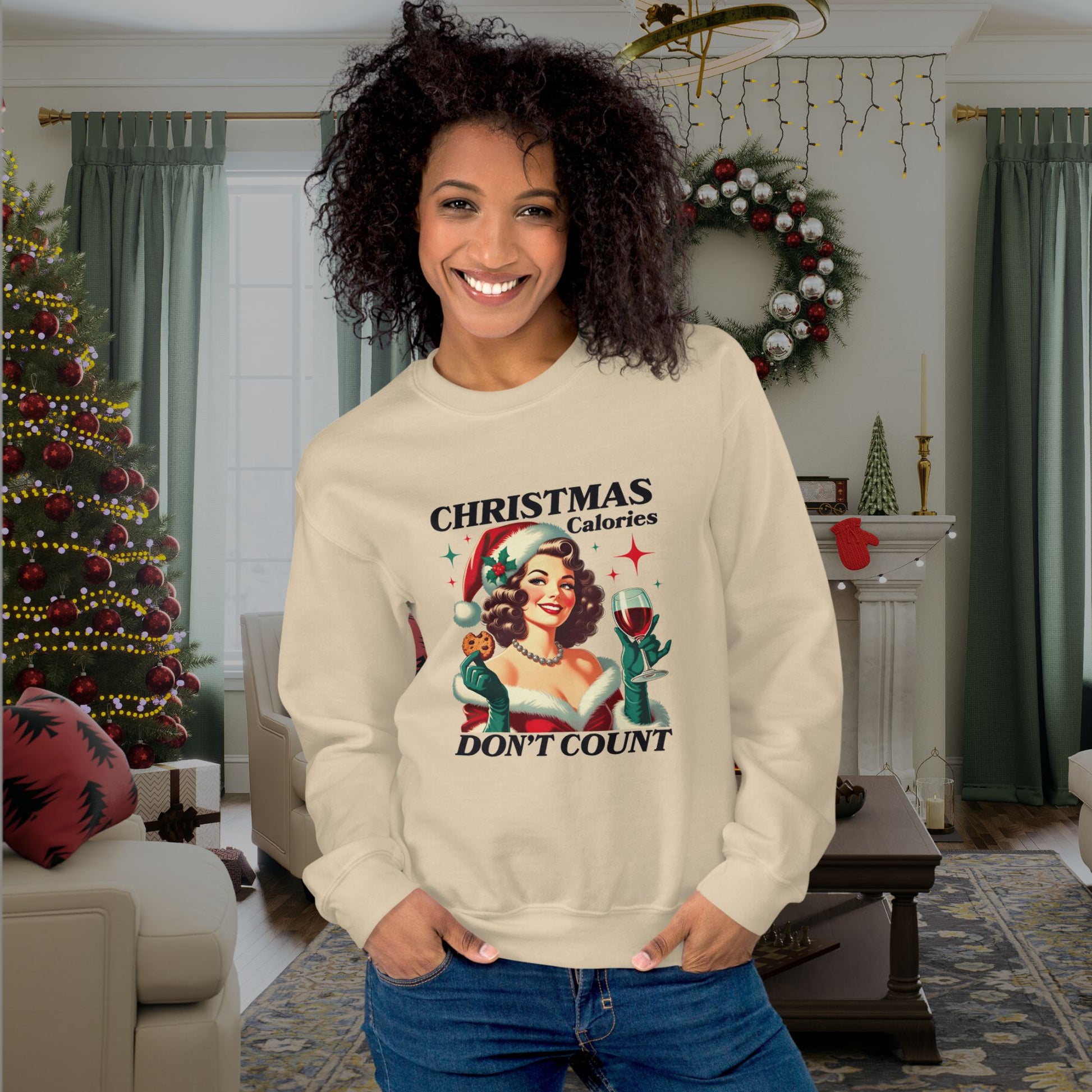 woman-wearing-a-Christmas-themed-sweater-with-vintage-graphics-captured-in-a-holiday-decorated-living-room