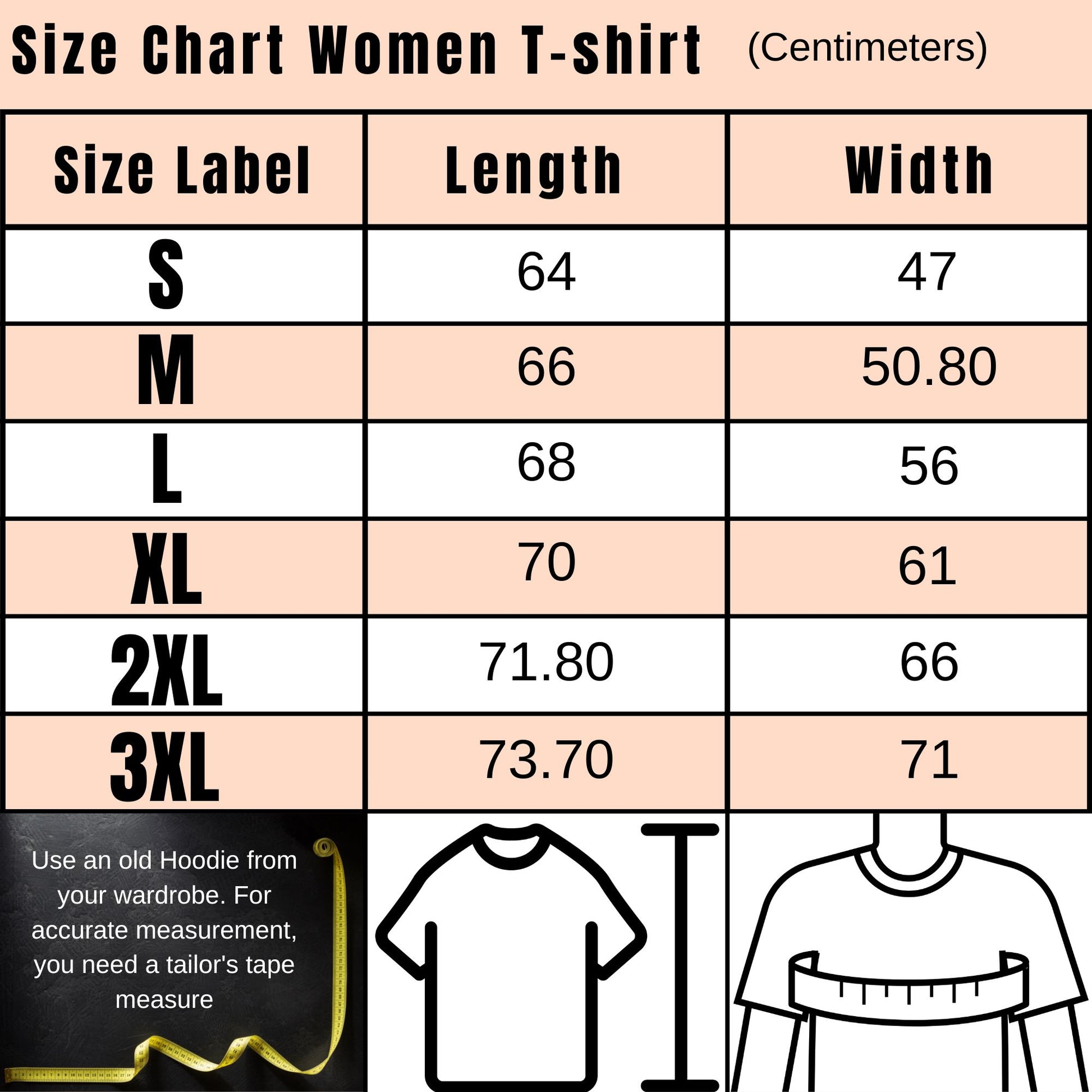 A size chart for women's t-shirts listing length and width measurements in centimeters for sizes S to 3XL.