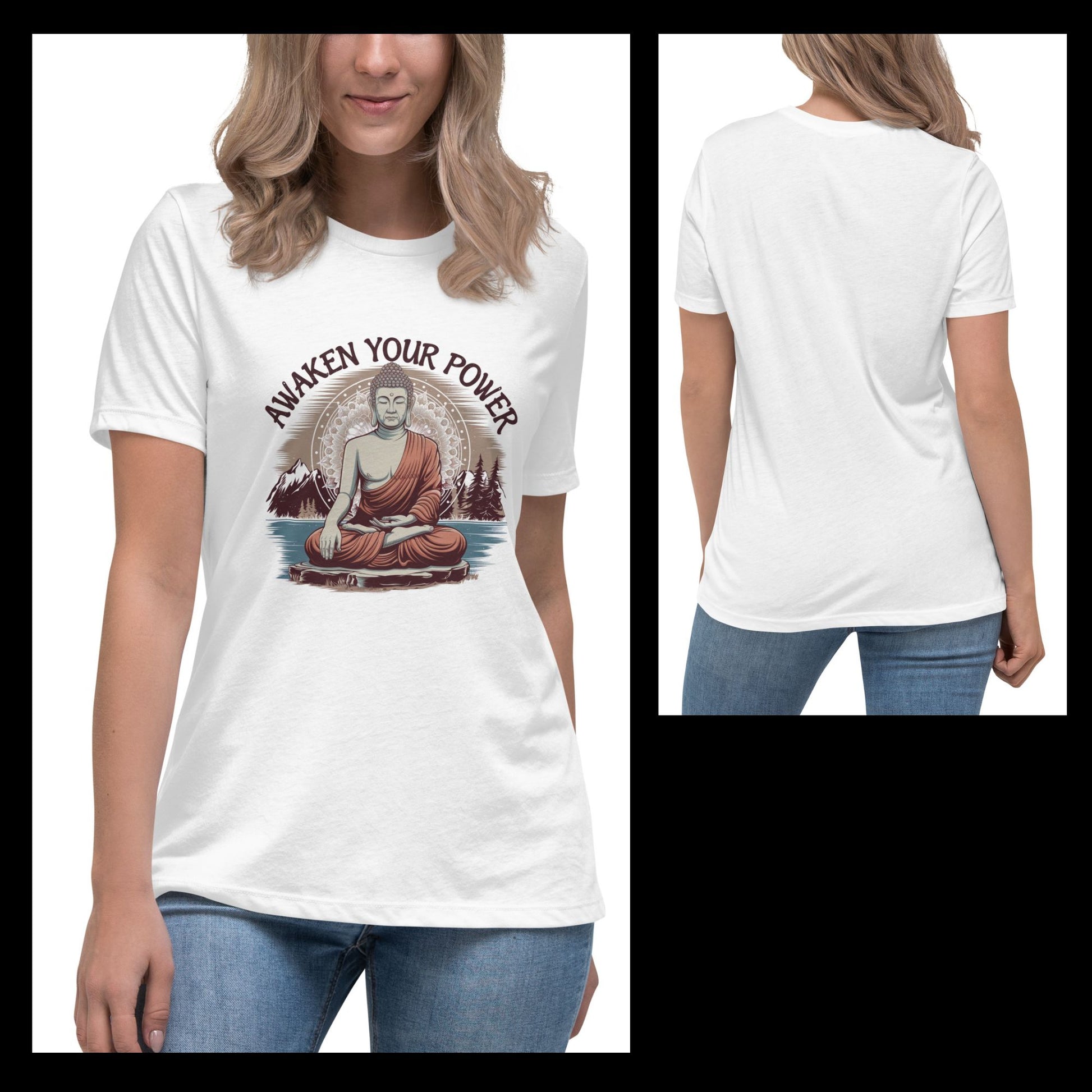 Front and back view of a women's white t-shirt with an "Awaken Your Power" graphic of a meditating figure.