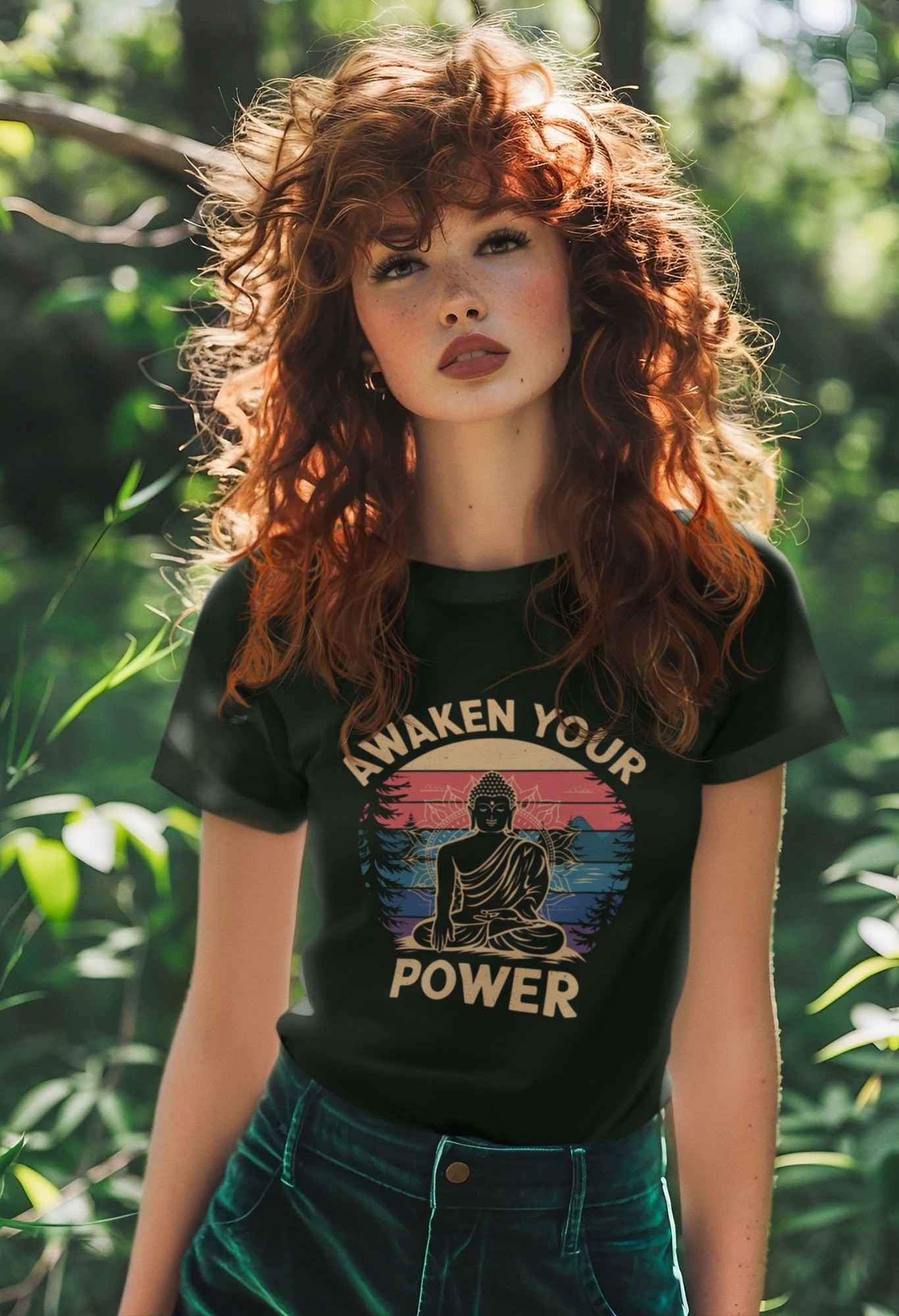 Young redhead woman wearing a black t-shirt with 'Awaken Your Power' design in a forest setting