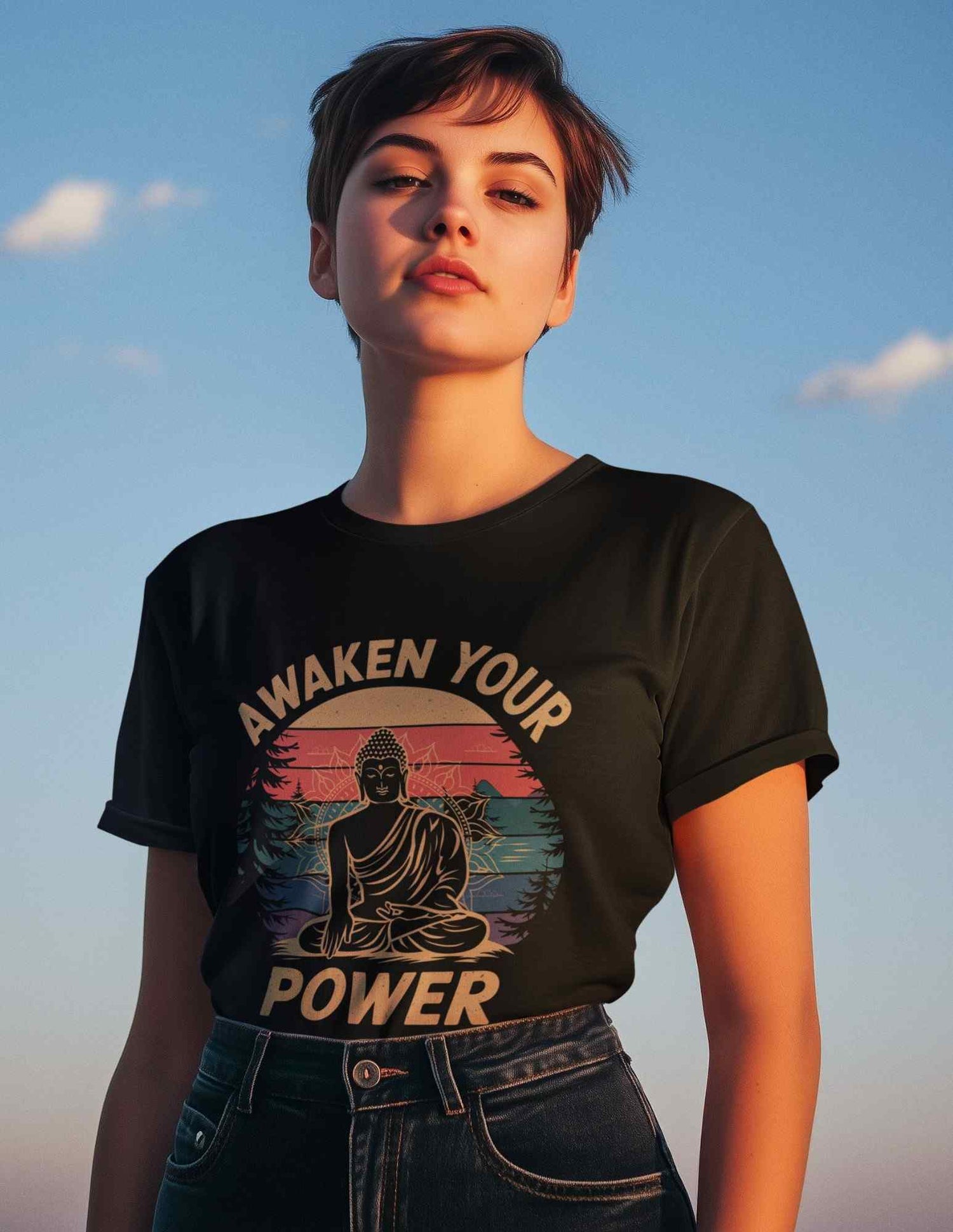 Person wearing a black t-shirt with 'Awaken Your Power' design against a blue sky.