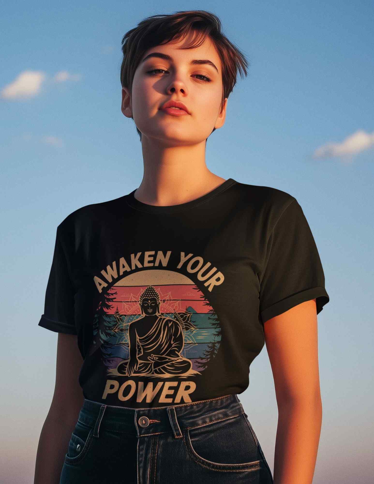 Person wearing a black t-shirt with 'Awaken Your Power' design against a blue sky.