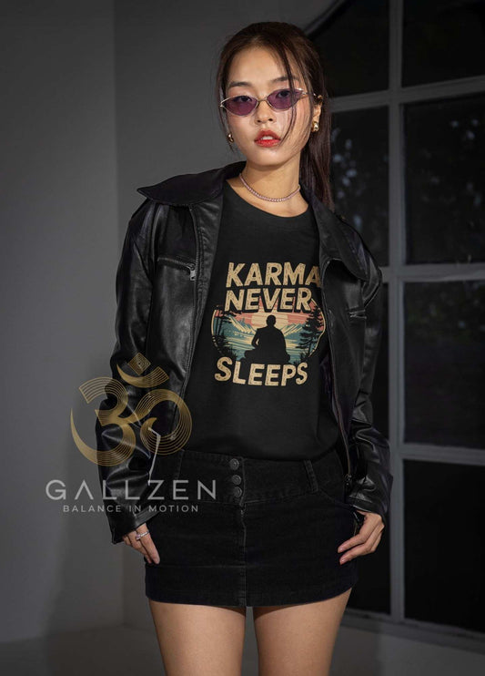Japanese Woman in a black biker jacket poses against a studio wall wearing the zen shirt mindful yogi graphic tee