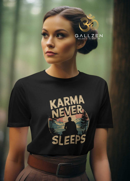 Brunette model poses in a pine forest wearing the vintage sunset zen shirt mindful yogi graphic tee
