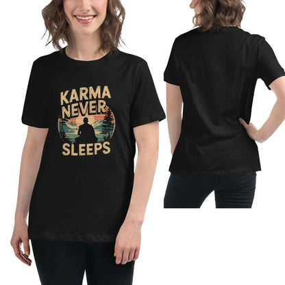 A woman modeling a black short-sleeve T-shirt shown from both front and back. The front features a graphic tee with the words “KARMA NEVER SLEEPS” in tan around a circular sunset scene with a buddist monk silhouette.