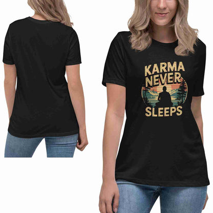 A woman modeling a black short-sleeve graphic T-shirt shown from both front and back on a white studio background. The front features the phrase 'KARMA NEVER SLEEPS' in a distressed tan font around a circular sunset-style graphic with a meditating silhouette.