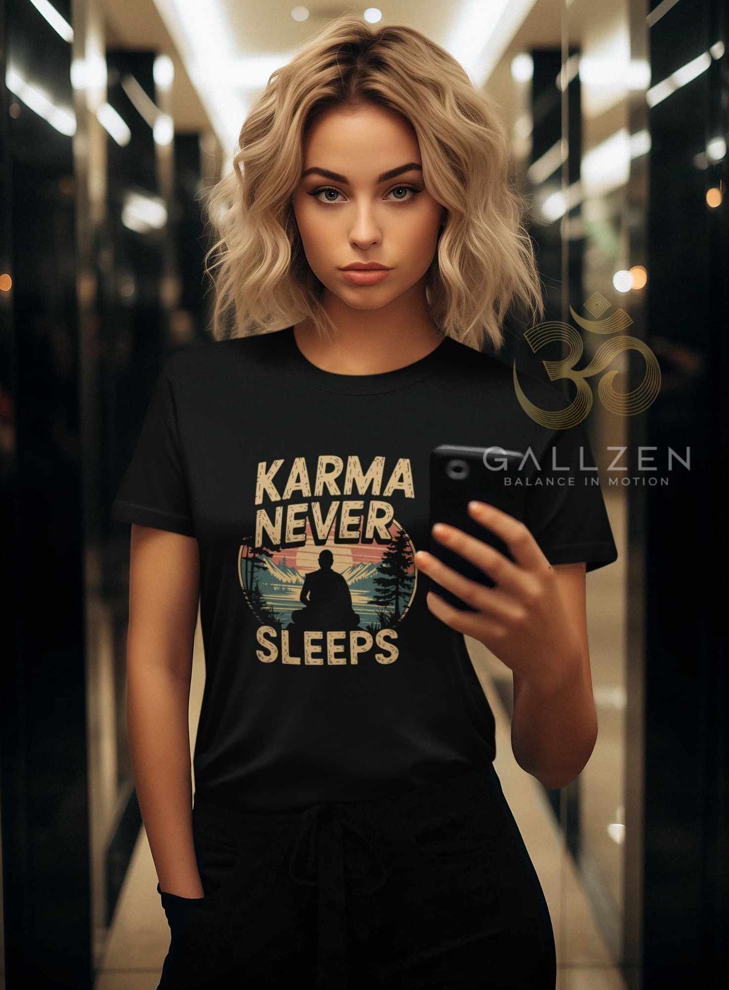 A young blonde woman wearing the black zen shirt mindful yogi tee takes a mirror selfie in a modern corridor