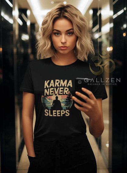 A young blonde woman wearing the black zen shirt mindful yogi tee takes a mirror selfie in a modern corridor