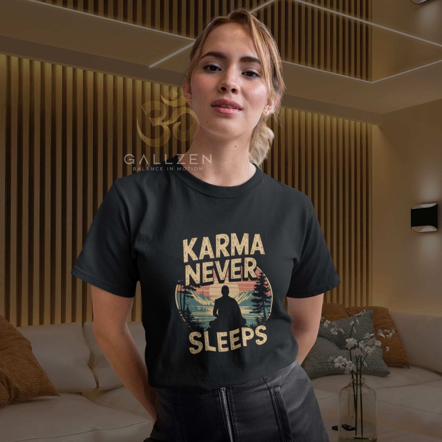 Beautiful blonde woman in a modern wood-paneled room styles this retro sunset zen shirt mindful yogi graphic tee