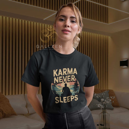 Beautiful blonde woman in a modern wood-paneled room styles this retro sunset zen shirt mindful yogi graphic tee