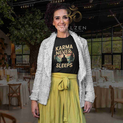A woman stands in a decorated event venue wearing a black graphic T-shirt with the text 'KARMA NEVER SLEEPS' and a yellow-green tie-waist skirt, styled with a white tweed jacket. 